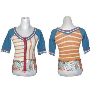 Save the Queen Zip Up 3/4 Sleeve Striped Embroidered Sweater Cardigan Small